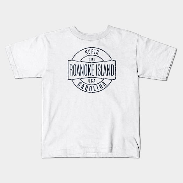 Roanoke Island, NC Vintage Badge Summertime Vacationing Kids T-Shirt by Contentarama